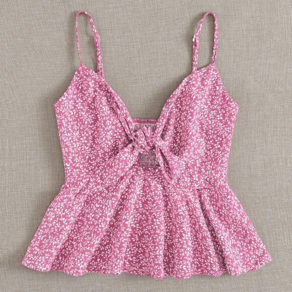 Pink Boho Womens Full-Printed Plant Pattern Tie Front Cami Top - Picture 5 of 5